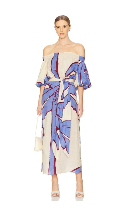 Johanna Ortiz Harbor Hues Ankle Dress In Palm Tree Motif By  In A Striking Palette Of Sand, Ecru, Blue And Red