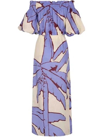 Johanna Ortiz Harbor Hues Ankle Dress In Palm Tree Motif By  In A Striking Palette Of Sand, Ecru, Blue And Red