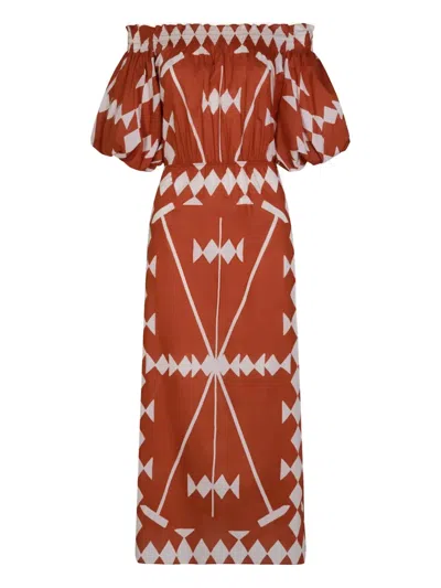 Johanna Ortiz Harbor Hues Off-shoulder Midi Dress In Brown