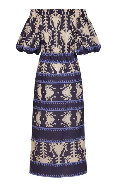 Johanna Ortiz Harbour Hues Patterned Cotton-poplin Midi Dress In Blue