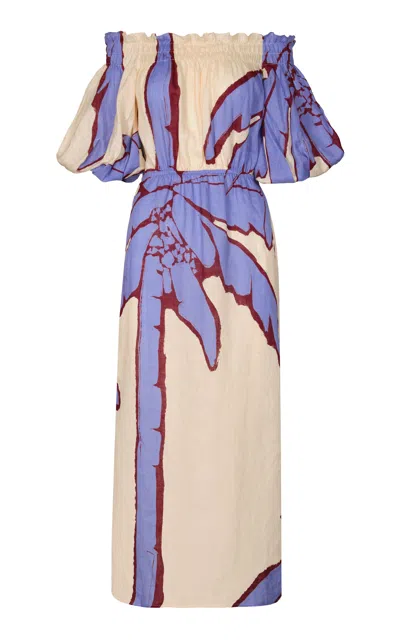 JOHANNA ORTIZ HARBOR HUES OFF-THE-SHOULDER LINEN MIDI DRESS