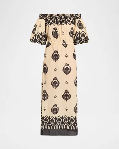 Johanna Ortiz Harbor Hues Off-the-shoulder Ruched Printed Cotton-poplin Midi Dress In Neutral