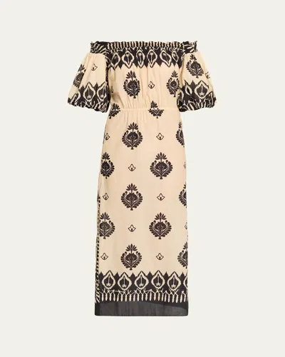 Johanna Ortiz Harbor Hues Off-the-shoulder Ruched Printed Cotton-poplin Midi Dress In Neutral