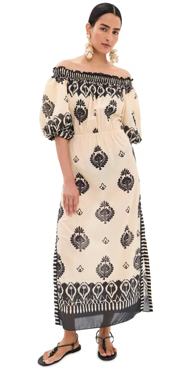 Johanna Ortiz Harbor Hues Off-the-shoulder Ruched Printed Cotton-poplin Midi Dress In Neutral