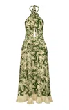 Johanna Ortiz Heritage Fringed Linen Halter Midi Dress In Green