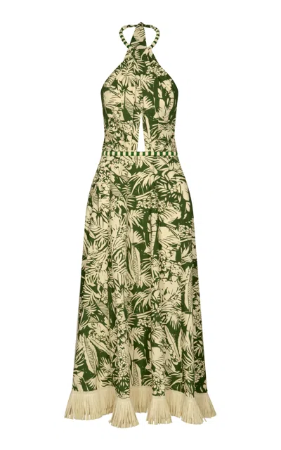 Johanna Ortiz Heritage Fringed Linen Halter Midi Dress In Green