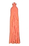 Johanna Ortiz Into The Andalusian Tropic Long Ruffled Silk Top In Coral