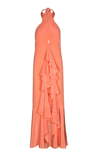 Johanna Ortiz Into The Andalusian Tropic Long Ruffled Silk Top In Coral