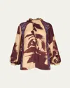 Johanna Ortiz Intricate Islands Cowl Printed Silk Blouse In Tropical Exuberance - Ecru-red-blue