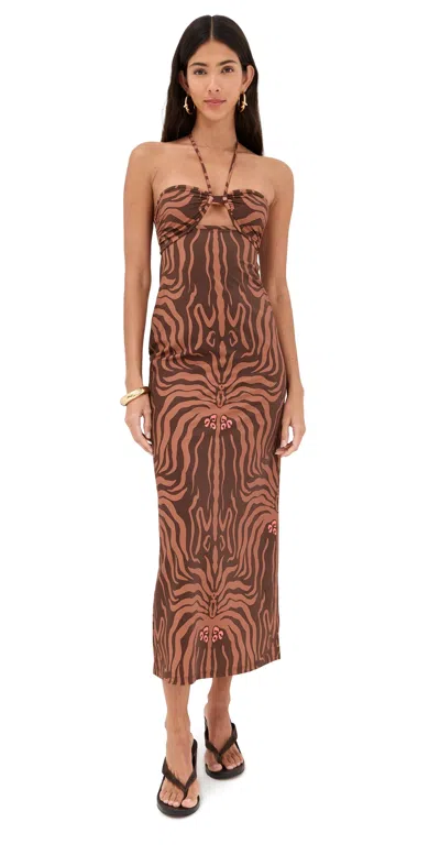 JOHANNA ORTIZ JUNGLE PALMS MIDI DRESS DARK CHOCOLATE/CAMEL