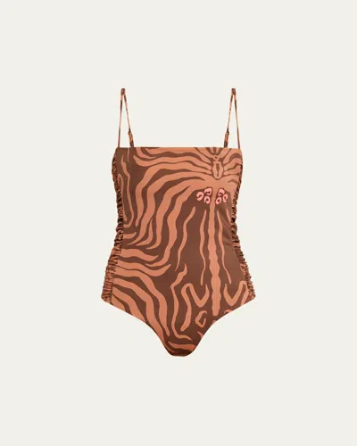 Johanna Ortiz Kuna Ruched One-piece Swimsuit In Brown