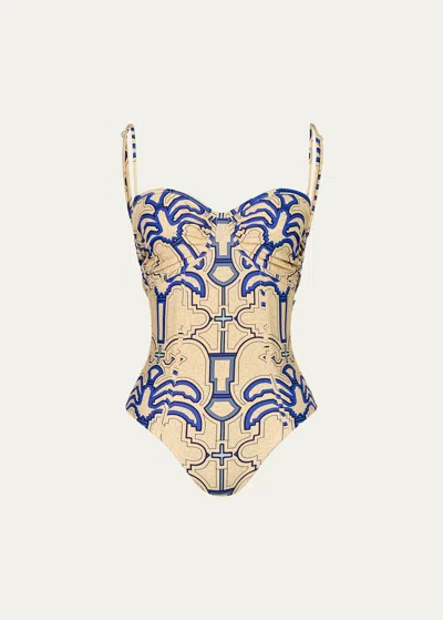 Johanna Ortiz Lagoon Lure Bustier One-piece Swimsuit In Nishi-ibo Palms Ecru - Blue