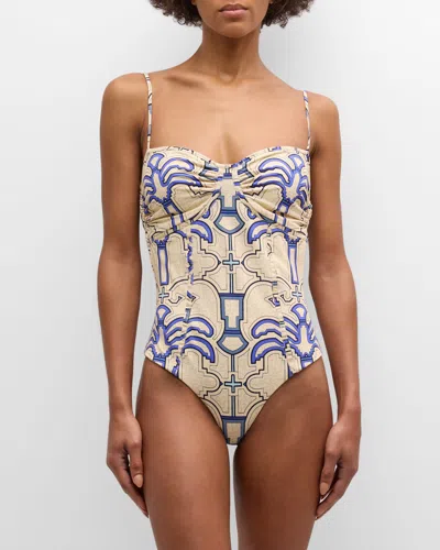 Johanna Ortiz Lagoon Lure Bustier One-piece Swimsuit In Nishi-ibo Palms Ecru - Blue