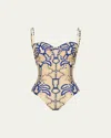 Johanna Ortiz Lagoon Lure Bustier One-piece Swimsuit In Nishi-ibo Palms Ecru - Blue