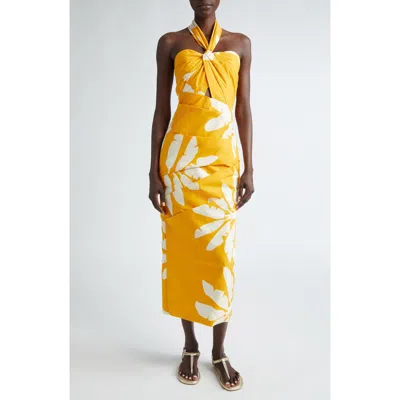 Johanna Ortiz Language Palm Print Halter Midi Dress In Wilderness Yellow-ecru