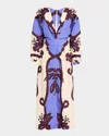 Johanna Ortiz Latitud Marina Long Sleeve Cotton Poplin Midi Dress In Tropical Catch - Ecru-blue-red