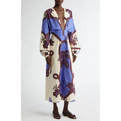 Johanna Ortiz Latitud Marina Long Sleeve Cotton Poplin Midi Dress In Blue