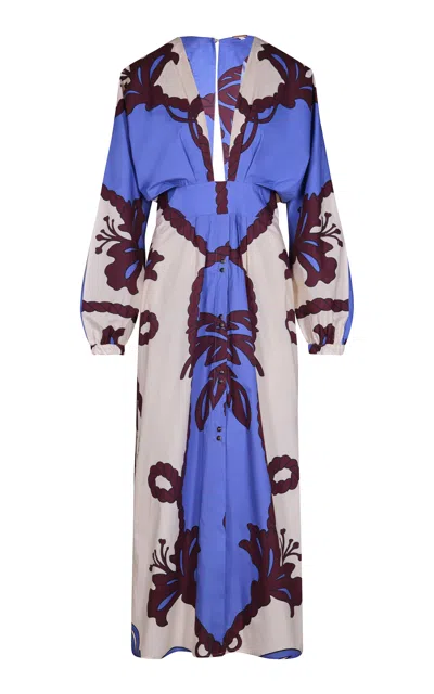 Johanna Ortiz Latitud Marina Plunged Cotton Midi Dress In Tropical/ecru/blue