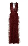 Johanna Ortiz Light Hearted Feathered Maxi Dress In Burgundy