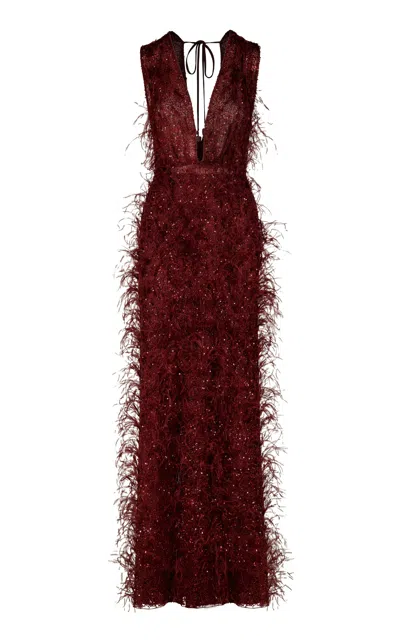 Johanna Ortiz Light Hearted Feathered Maxi Dress In Burgundy
