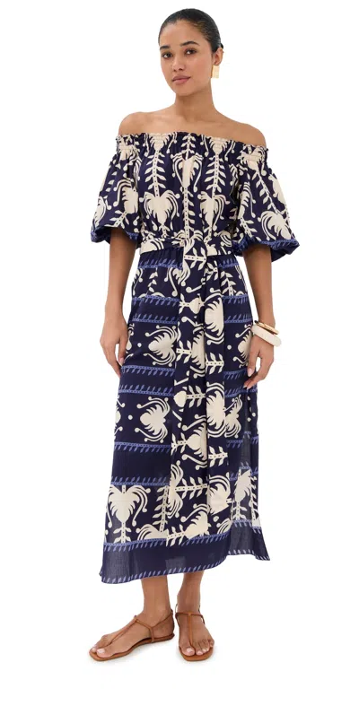 Johanna Ortiz Harbour Hues Patterned Cotton-poplin Midi Dress In Blue