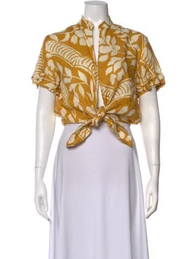 Pre-owned Johanna Ortiz Linen Floral Print Blouse In Yellow