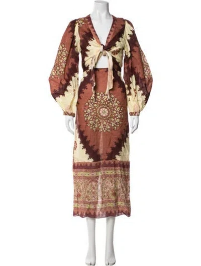 Pre-owned Johanna Ortiz Linen Long Dress In Burgundy