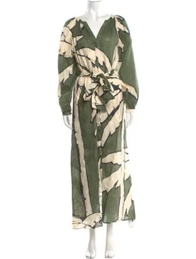Pre-owned Johanna Ortiz Linen Long Dress In Green