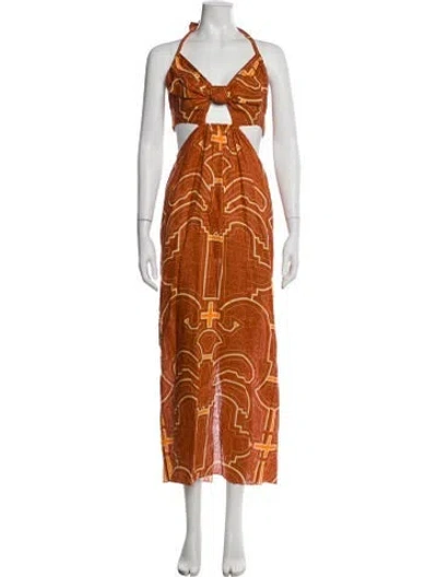 Pre-owned Johanna Ortiz Linen Long Dress In Orange