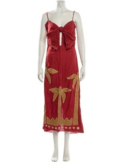 Pre-owned Johanna Ortiz Linen Long Dress In Red
