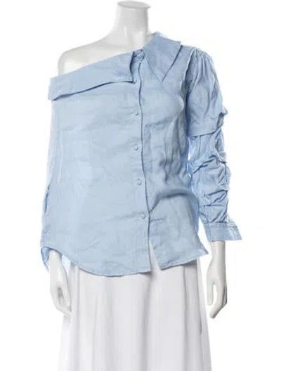Pre-owned Johanna Ortiz Linen Off-the-shoulder Blouse In Blue