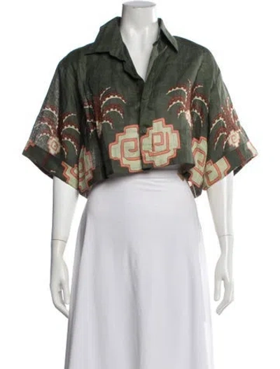 Pre-owned Johanna Ortiz Linen Printed Blouse In Green