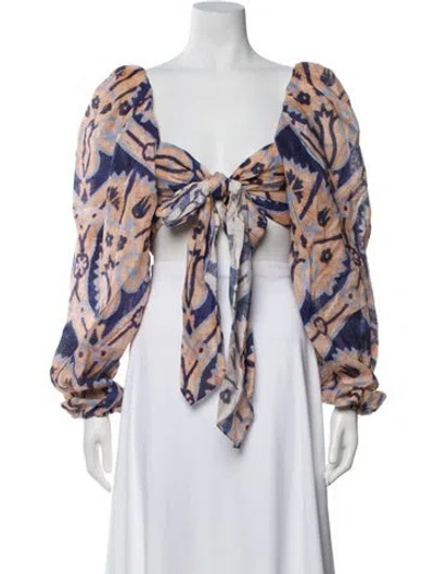 Pre-owned Johanna Ortiz Linen Printed Crop Top W/ Tags In Blue