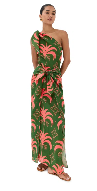 Johanna Ortiz Linen Seaweed Ankle Dress Green/peach In Multi