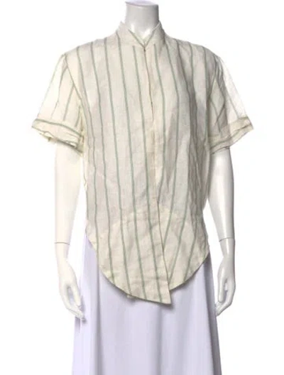 Pre-owned Johanna Ortiz Linen Striped Blouse In Green/neutrals