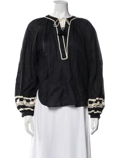 Pre-owned Johanna Ortiz Linen Tie Neck Blouse In Black