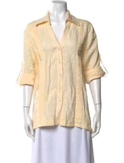 Pre-owned Johanna Ortiz Linen V-neck Blouse In Yellow