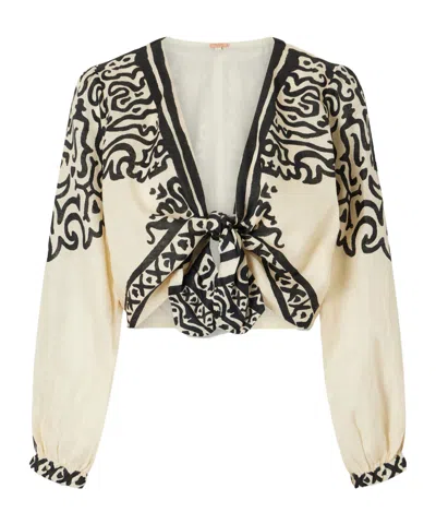 Johanna Ortiz Ancient Markings Tie-detailed Printed Linen Cropped Top In Neutral