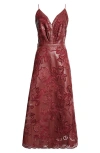 Johanna Ortiz Melancholic Bliss Embroidered Vegan Leather Midi Dress In Burgundy