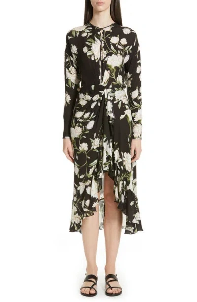 Johanna Ortiz Melodias Salvajes Front Slit Floral Print Silk Dress In Nights In Cali Black/ecru