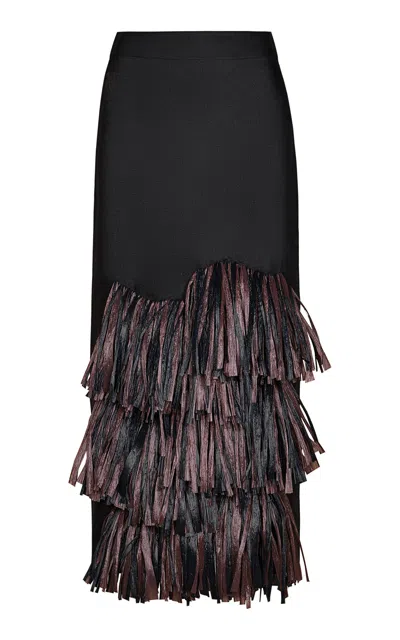 Johanna Ortiz Mountain Affair Fringed Linen-blend Midi Skirt In Black