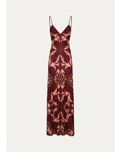 Johanna Ortiz Nuestra Tierra Ruched V-neck Sleeveless Maxi Dress In Burgundy
