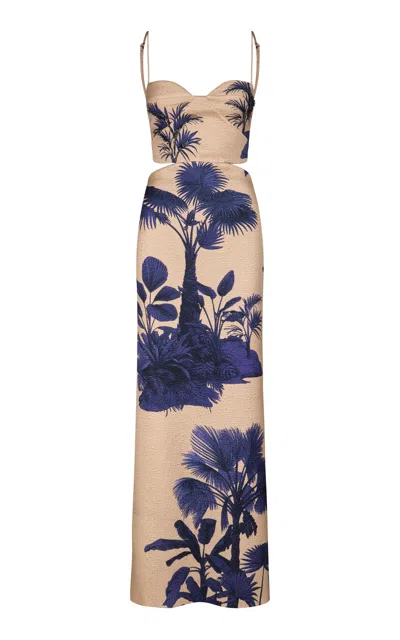 Johanna Ortiz Ocean Of Secrets Cutout Wool-silk Maxi Dress In Tropical Exuberance Allover -ecru-blue