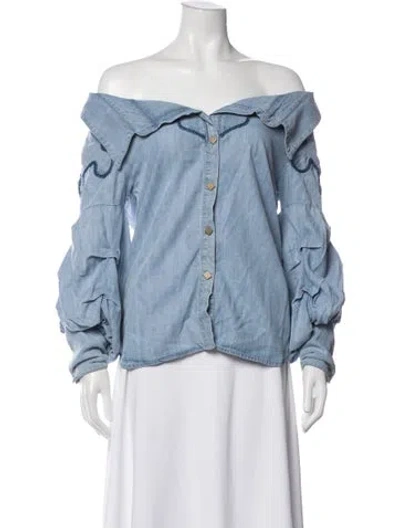 Pre-owned Johanna Ortiz Off-the-shoulder Long Sleeve Blouse In Blue