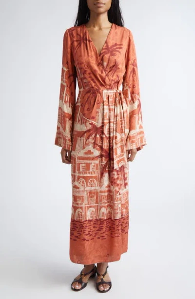 Johanna Ortiz Ollantay Tropical Jacquard Long Sleeve Wrap Dress In Orange