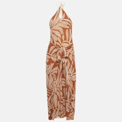 Pre-owned Johanna Ortiz Orange Printed Silk Wrap Detail Maxi Dress L