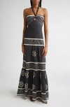 Johanna Ortiz Orilla Del Mar Halter-neck Tiered Maxi Dress In Black