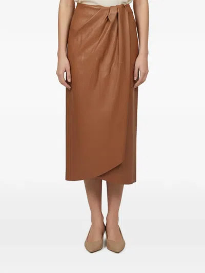 Pre-owned Johanna Ortiz Pacifico Sur Gathered Midi Skirt In Brown