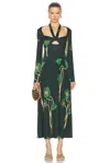 Johanna Ortiz Paisaje Lejano Shiny Jersey Midi Dress In Papaver Somniferum  Green  Yellow  & Pea