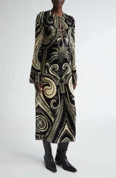 Johanna Ortiz Paisley Jungle Long Sleeve Velvet Tunic Midi Dress In Henna Meets The Tropics/black